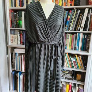 Dark Green Pleated Wrap-Dress